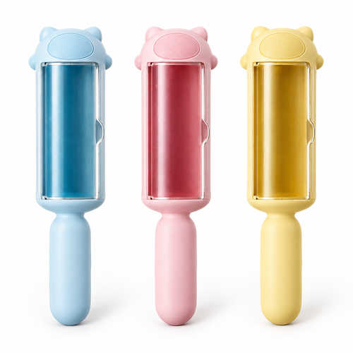 Rouleau anti-poils auto-nettoyant en bleu, rose et jaune