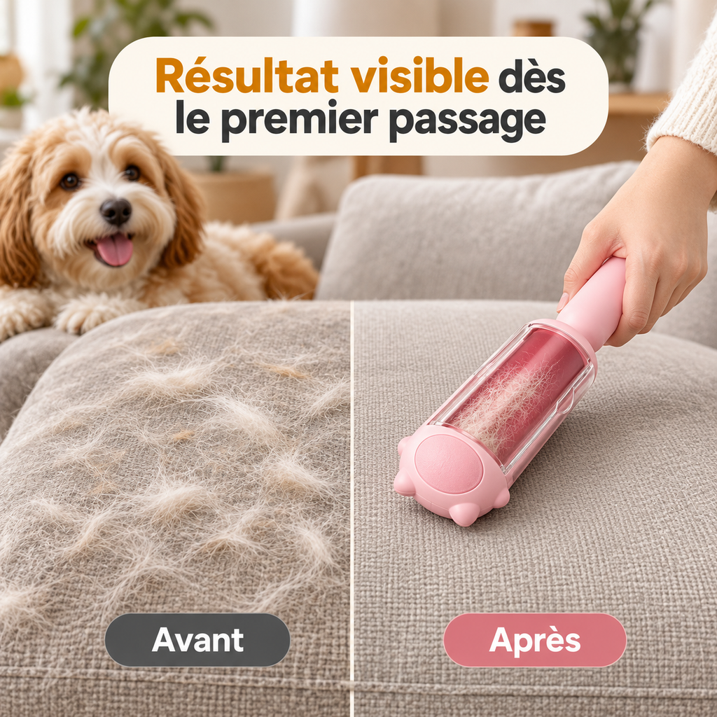 Comparaison avant après avec le rouleau anti-poils sur un canapé