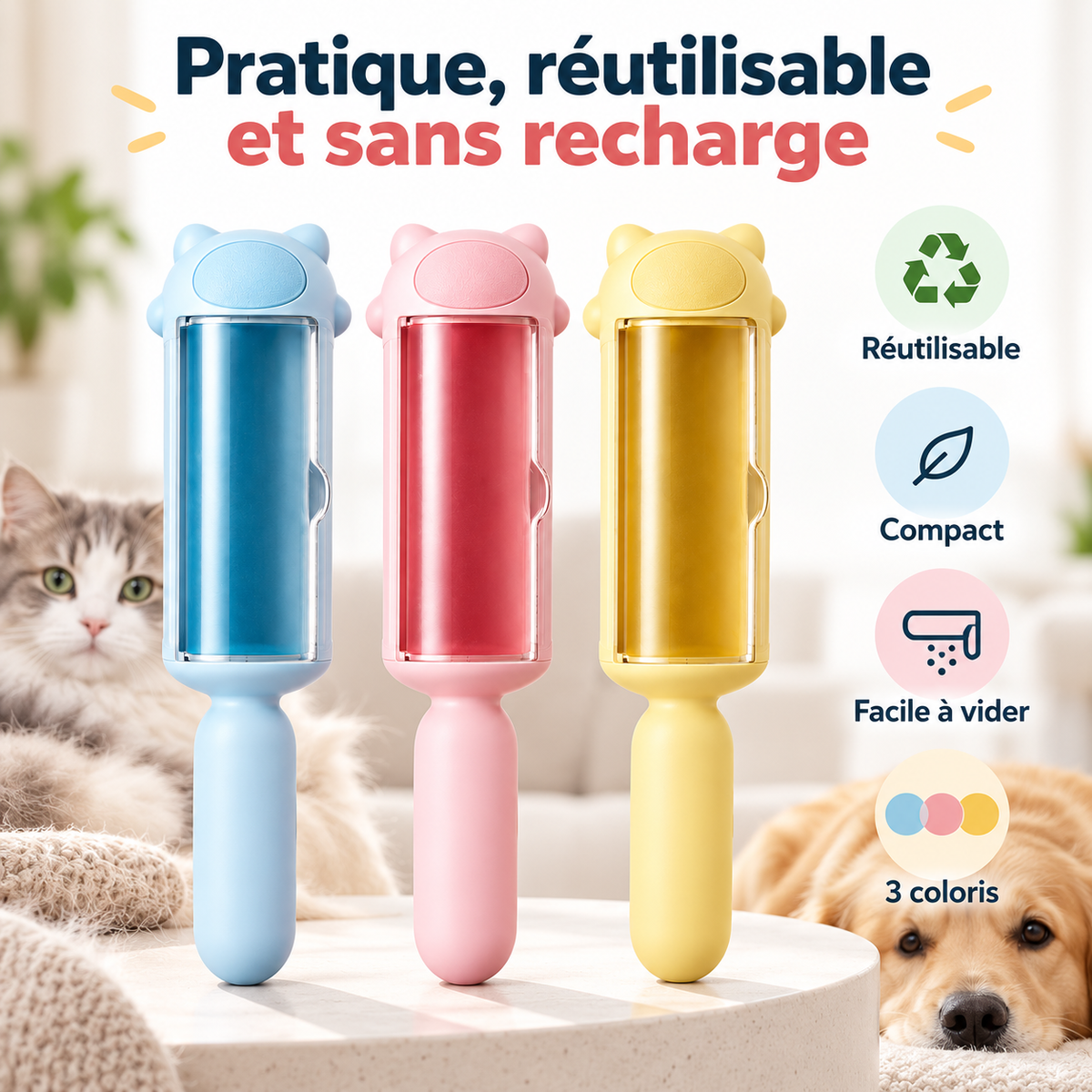 Rouleau anti-poils réutilisable, compact et facile à vider en trois coloris