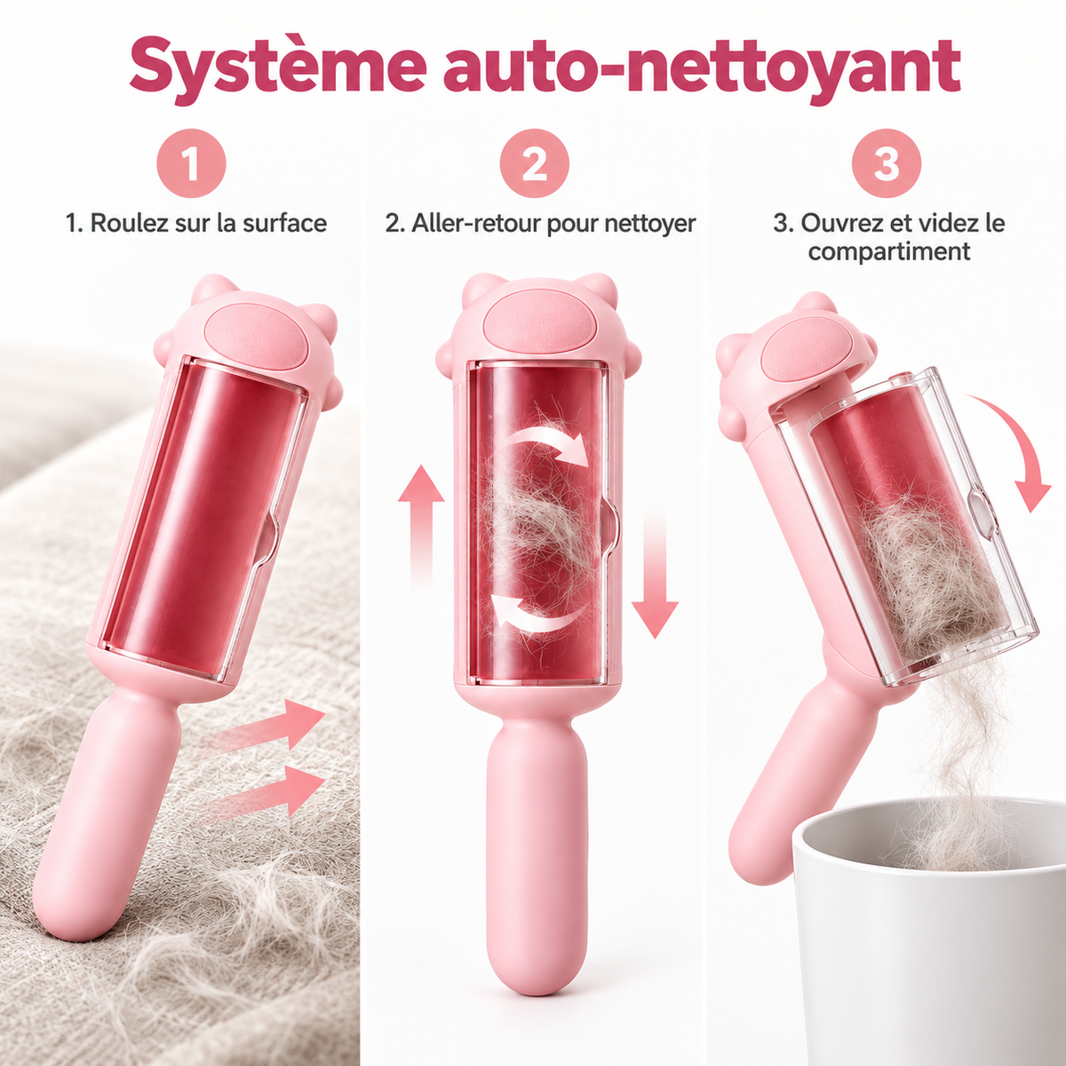 Fonctionnement du système auto-nettoyant du rouleau anti-poils