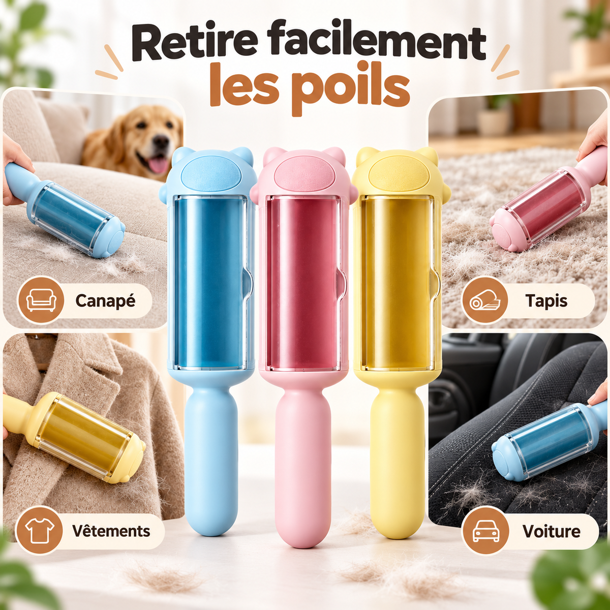 Rouleau anti-poils pour canapé, tapis, vêtements et voiture